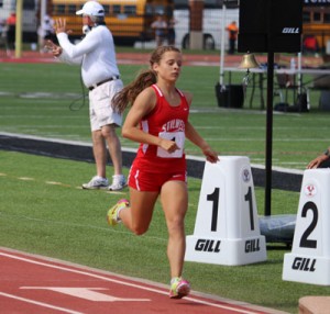 Stilwell's Sydney Lawrence running at the state track meet. She earned all-state honors in both track and cross country. Photo by Lisa Geissler.