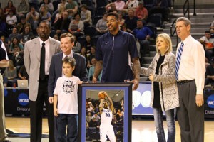 Collins was recognized at Senior Night at SWOSU and was accompanied by his coaches. Photo courtesy SWOSU Sports Info.