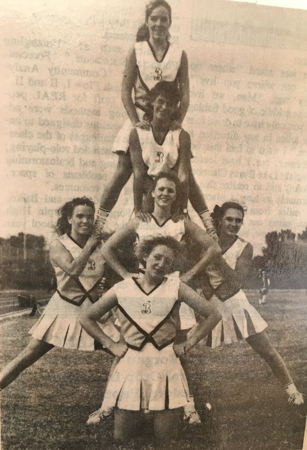 Beaver Duster cheerleaders, circa 1992. Robin Adkins Metcalf is on the far right.